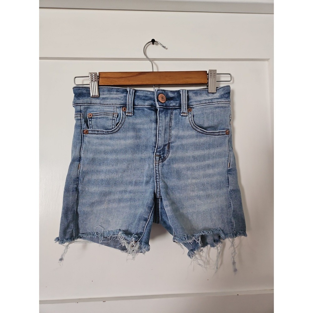 American Eagle Next Level Stretch Denim Shorts High Rise Distressed Blue Sz 0